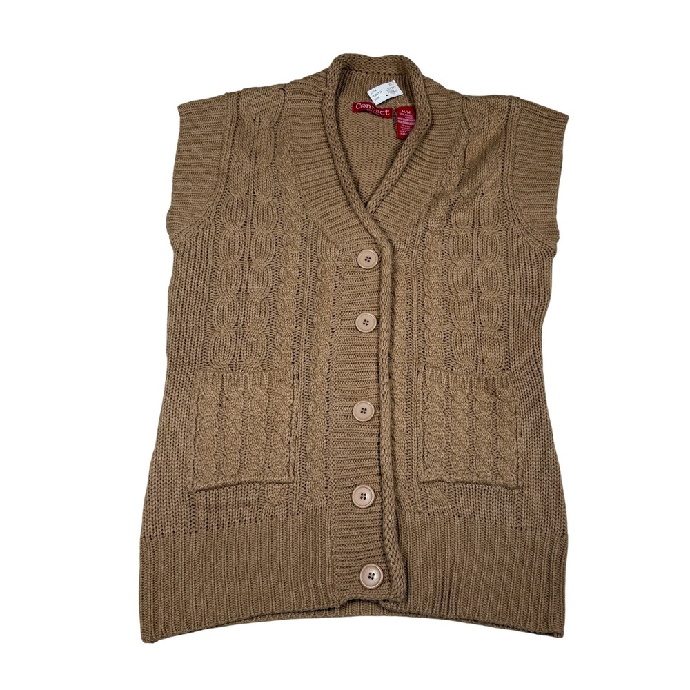 VTG Contact NY Camel Cable Chuncky Fisherman Academia Knit Button Front Vest M - Picture 2 of 6